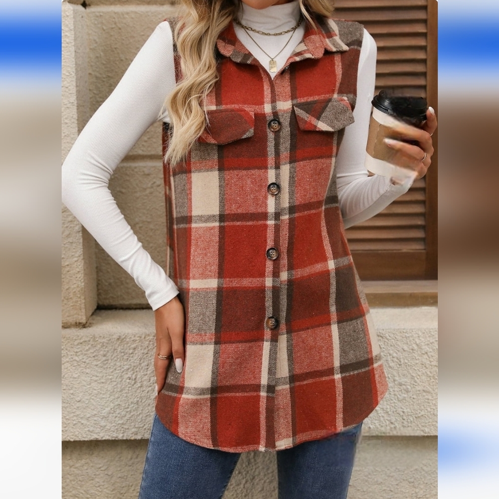 PRECIOUS Plaid Sleeveless Shirt/Vest/Shacket In Burnt Orange/Brown/Tan - Picture 3 of 5